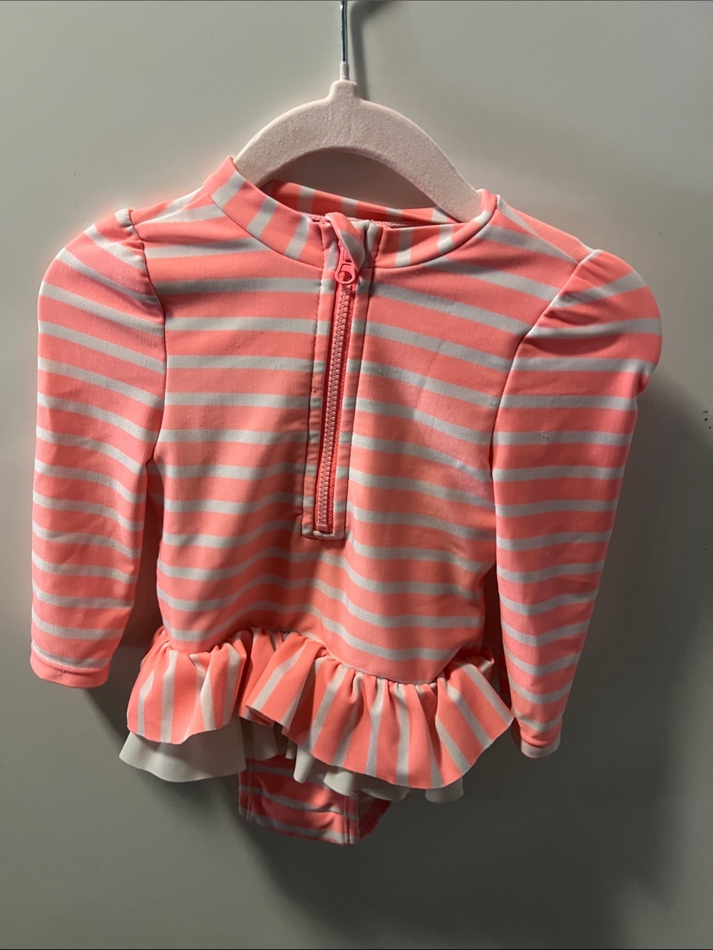 Cat & Jack Coral and White Striped Long-Sleeve One-Piece Swimsuit